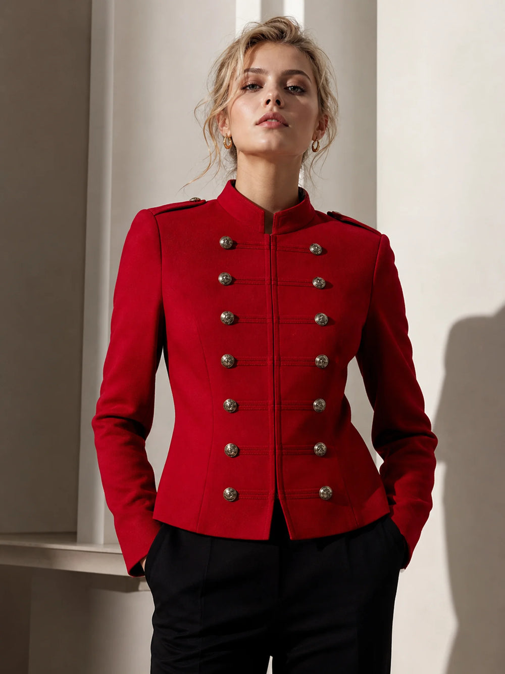 Women’s cropped military jacket in red, double-breasted button placket and stand collar