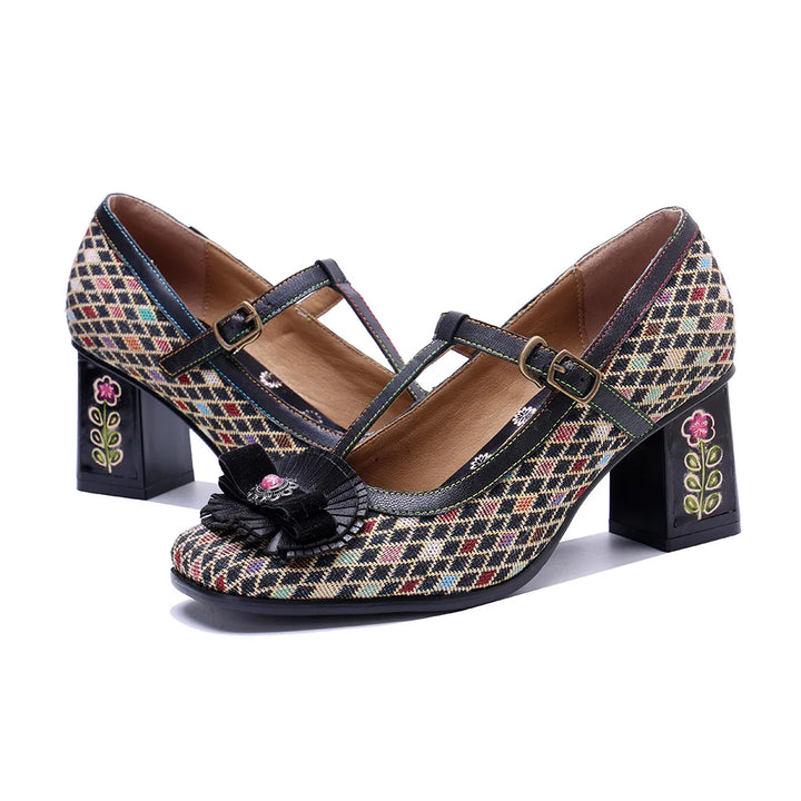 Plaid floral heel pumps with buckle straps, flower detail, and block heels