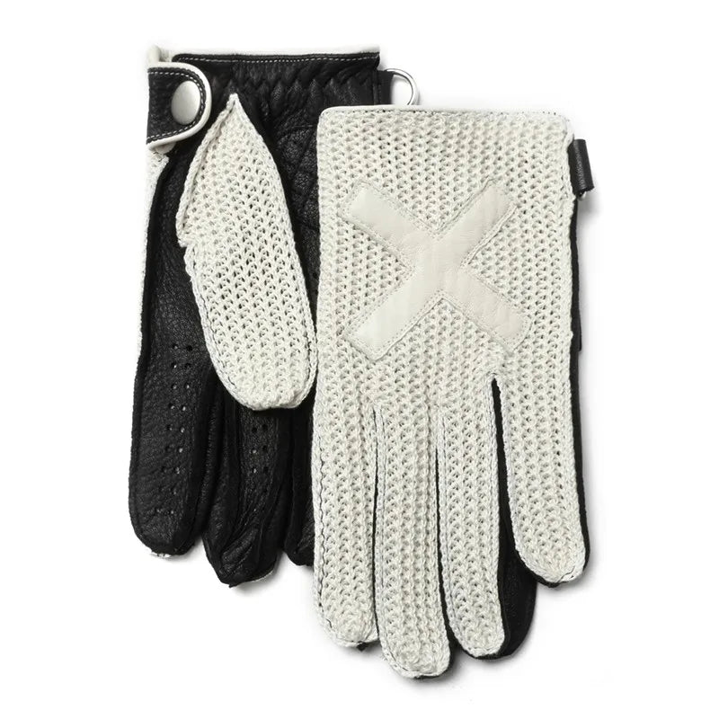 Pair of black and white knitted motorcycle gloves with leather palm and snap cuff straps