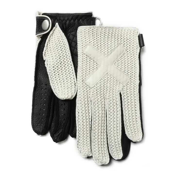 Pair of black and white knitted motorcycle gloves with leather palm and snap cuff straps