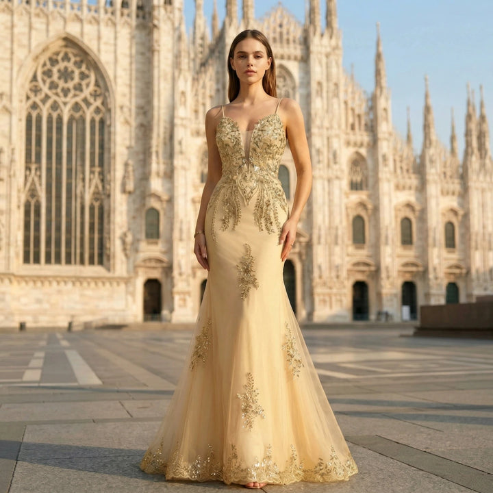 Lovely Sheer Overlay &amp; Train – Luxe Prom Dress