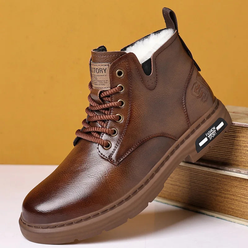 Men's brown leather lace-up snow boot with fleece collar and rugged tread sole