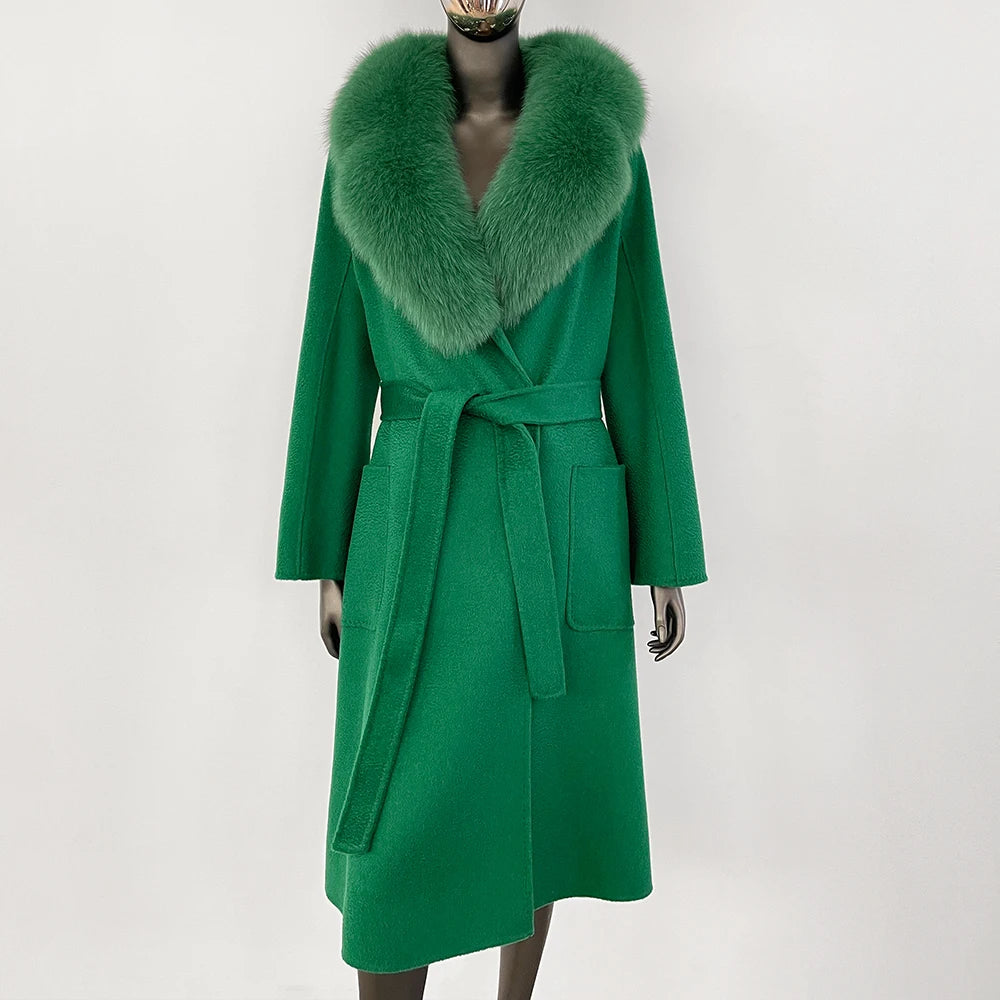 Elegant Natural Wool Fur Long Coat