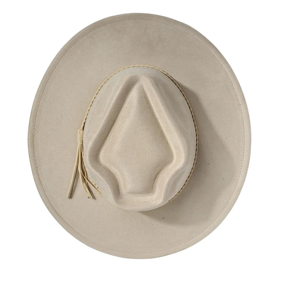 Beige suede women’s arrow top hat with raised crown panel and hanging tassel
