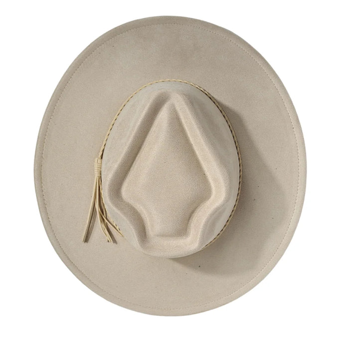 Beige suede women’s arrow top hat with raised crown panel and hanging tassel