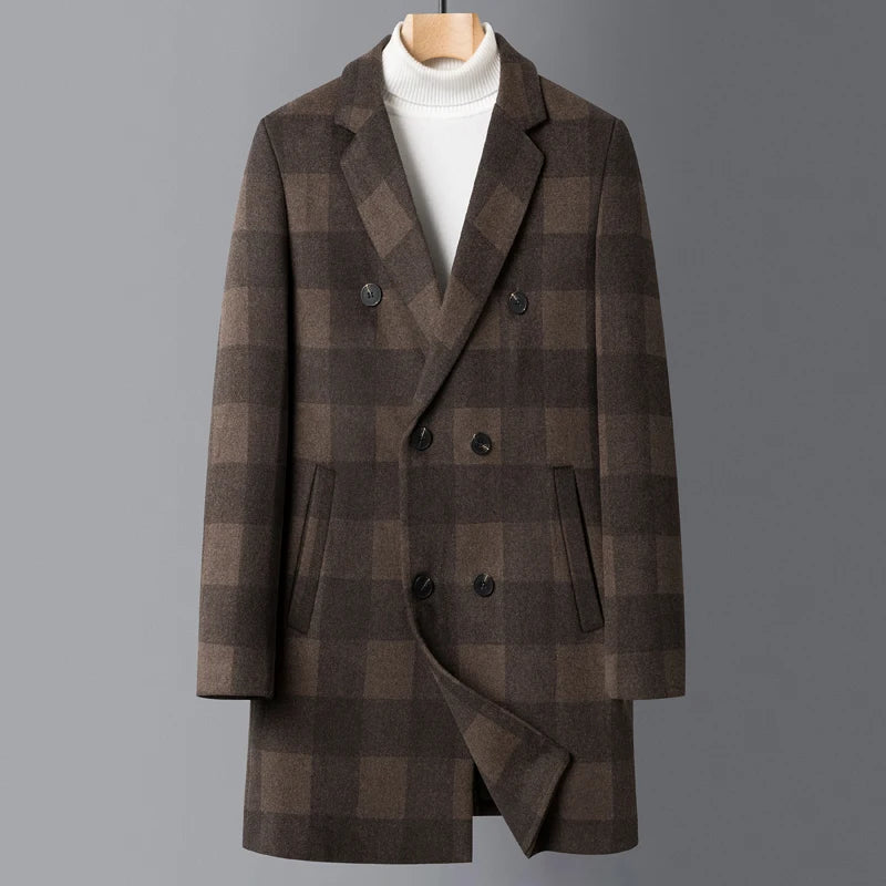 Classy Plaid Woolen Trench Coat