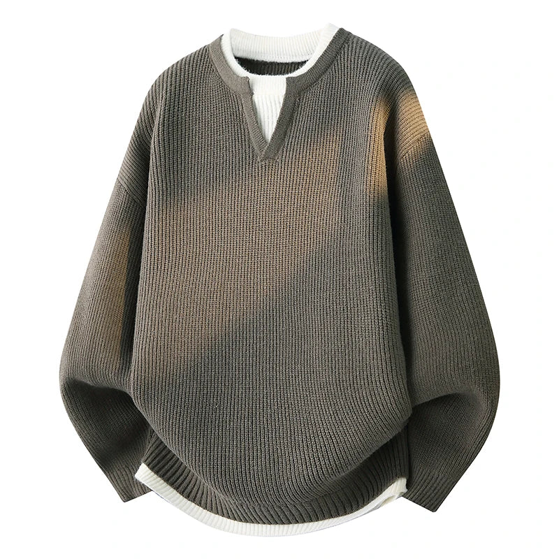 Men’s knit pullover sweater, khaki beige V-neck with white trim, ribbed cuffs and hem