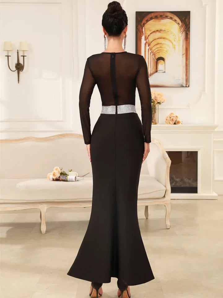 Elegant Turtleneck Mesh Black Maxi Dress