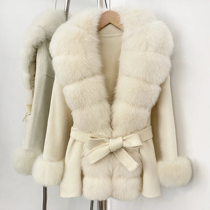 Beige double-sided cashmere-wool coat with wide faux fur collar and belt tie