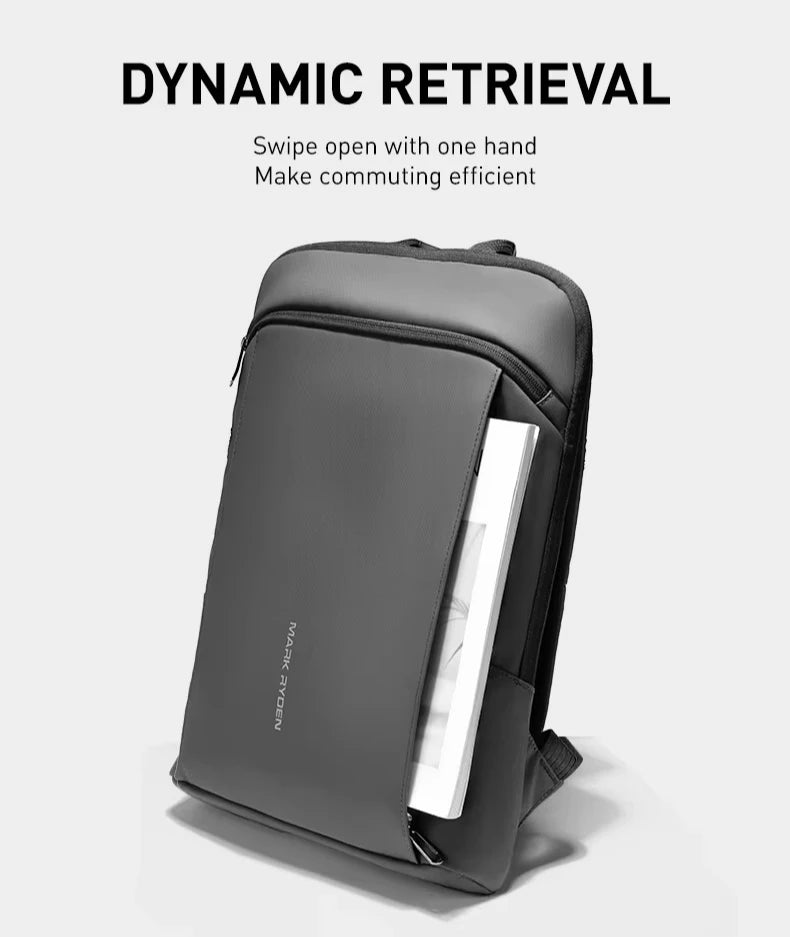 Dark backpack shown from side with luggage strap pocket and zip-front design.