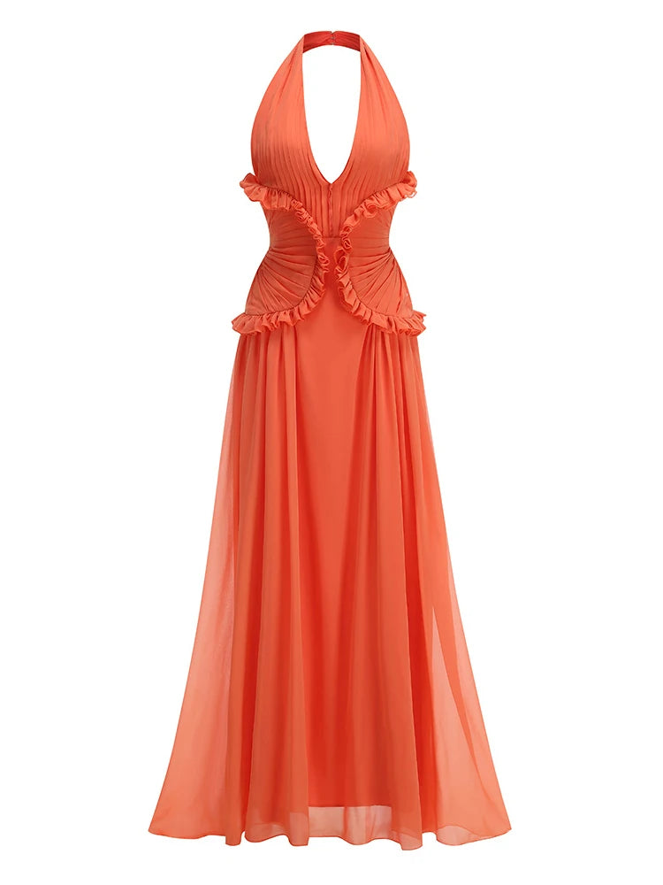 Orange ruffle A-line halter dress with ruched bodice and tiered skirt