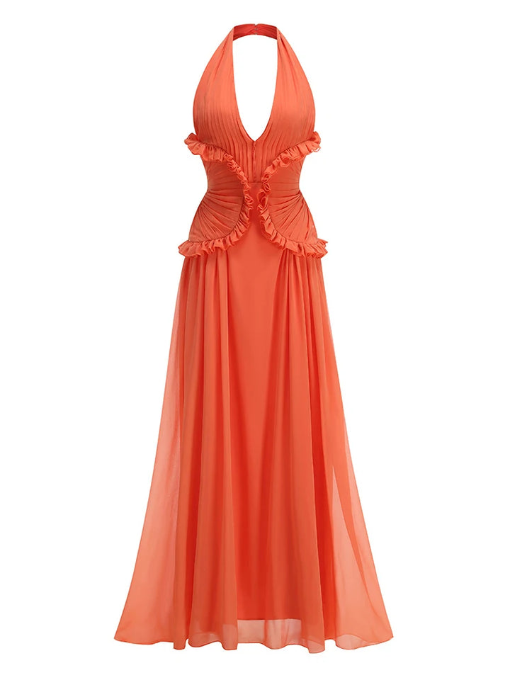 Orange ruffle A-line halter dress with ruched bodice and tiered skirt