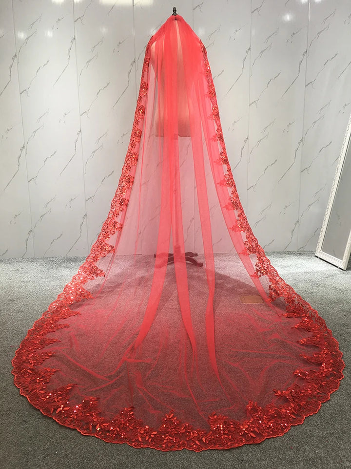 Red cathedral bridal veil with scalloped sequin lace edging and sheer tulle layers