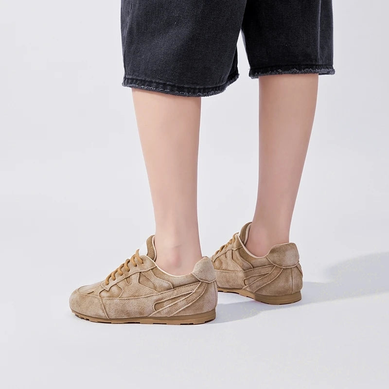 Women’s khaki beige leather flat sneakers, heel and side view with lace-up top