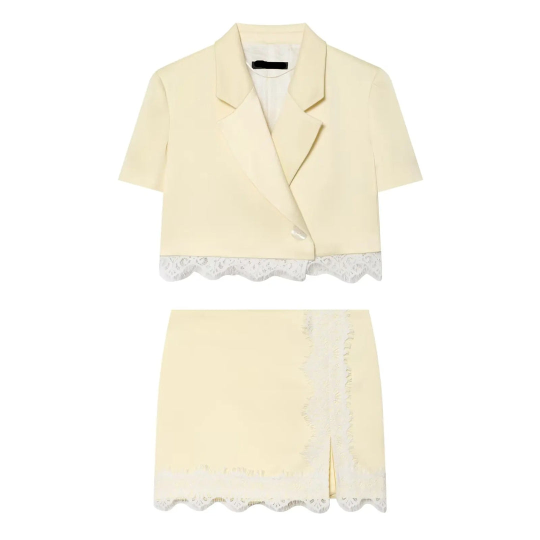 Beige cropped satin blazer with V-neck front and scalloped lace detail at the hem