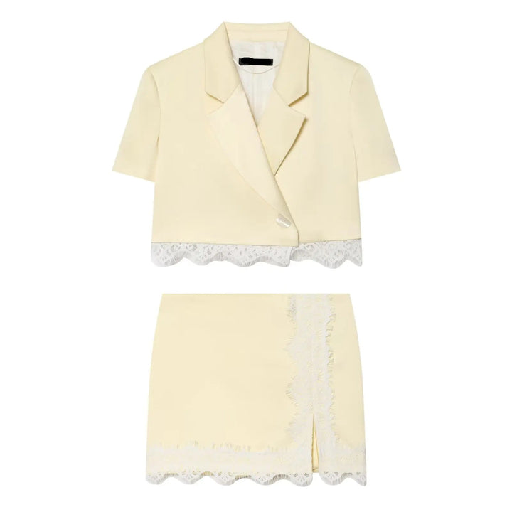 Beige cropped satin blazer with V-neck front and scalloped lace detail at the hem