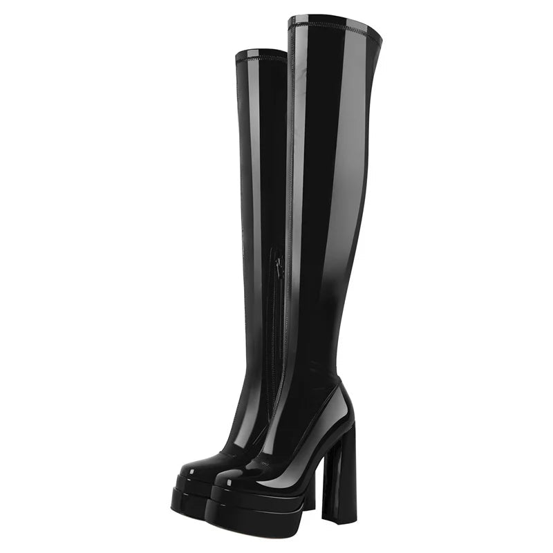 Black knee-high boots with a platform sole on a white background, branded 'Only Maben'.