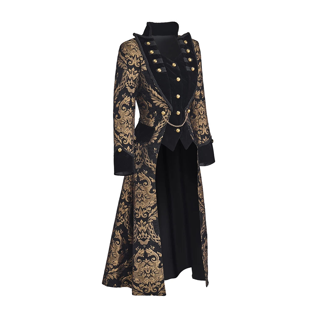 Women’s steampunk tailcoat side view, black with gold baroque pattern and gold buttons