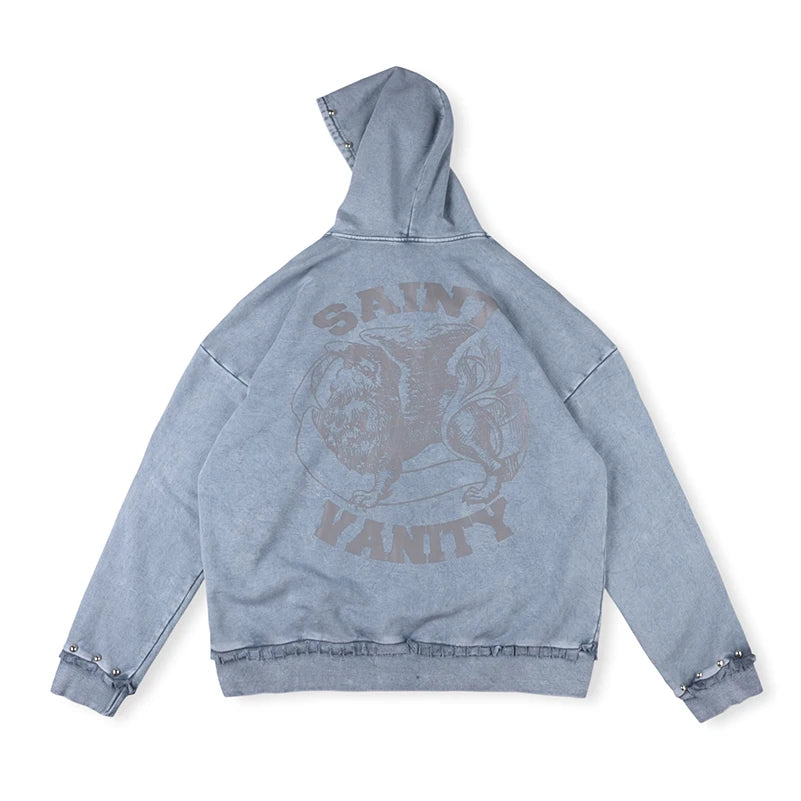 Rivet Washed Zipper Hooded Jacket