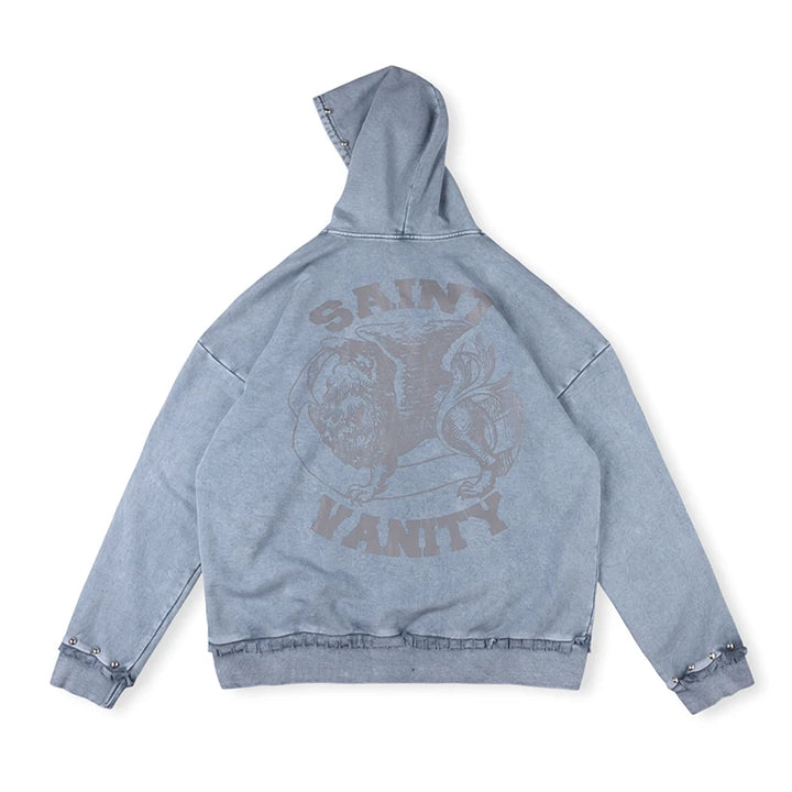 Rivet Washed Zipper Hooded Jacket