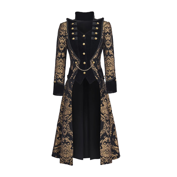 Black and gold steampunk tailcoat, high collar, buttoned front, long brocade sleeves