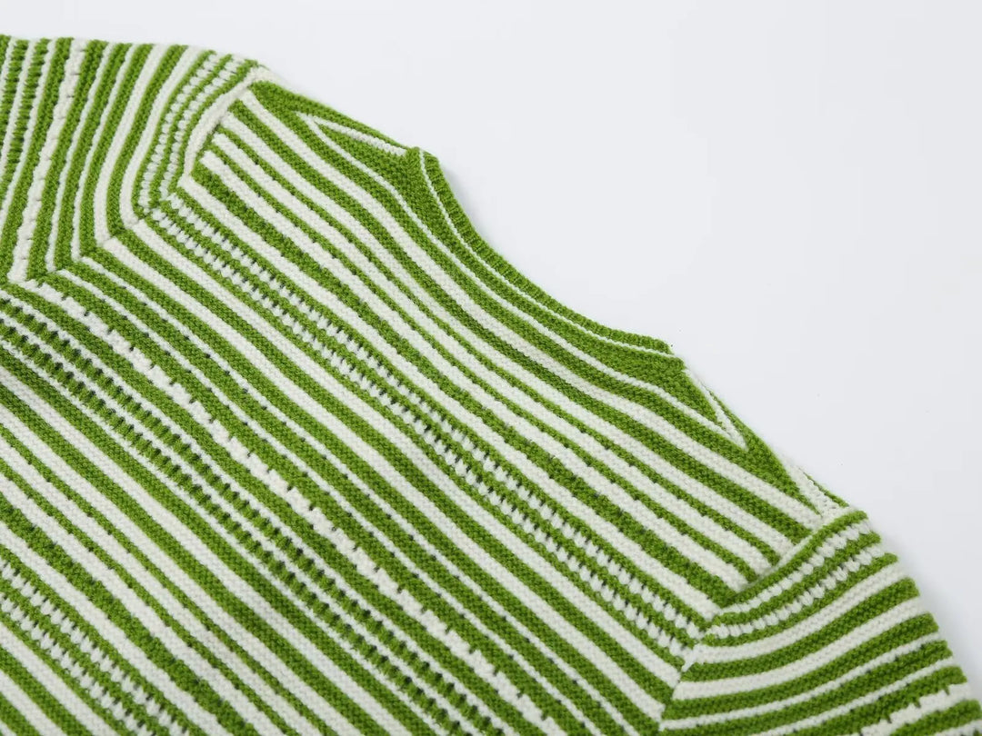 Green and white striped knit sweater, ribbed crew neck and cuff trim detail