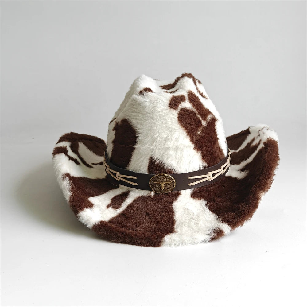 Faux fur leopard print cowboy hat with brown-and-white pattern and leather band