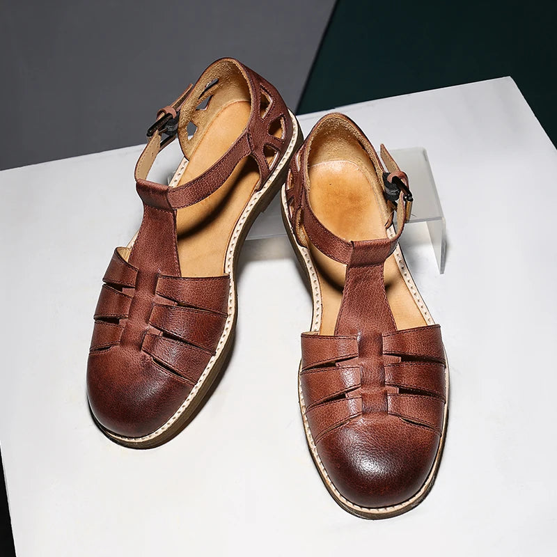 Round-toe Oil Slick Leather Sandals