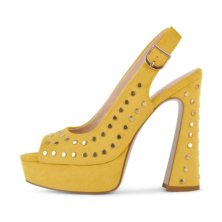 Refined faux suede heel sandals, yellow slingback with gold studs and ankle buckle strap