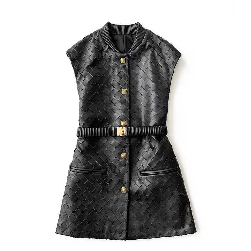 Women's long sheepskin vest front, black quilted design with button placket and belt