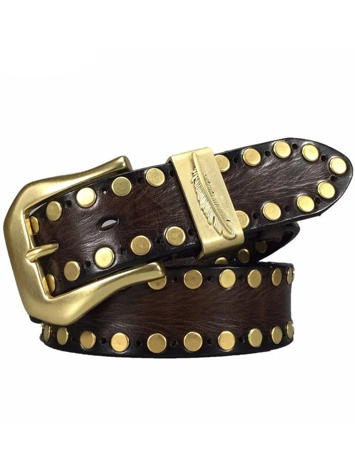 Brown leather belt with gold studs and buckle on a white background, featuring the brand 'BEKE DEKE'.