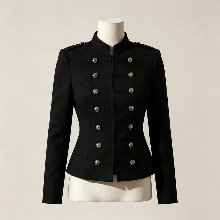 Women’s cropped military jacket in black with stand collar and gold button placket