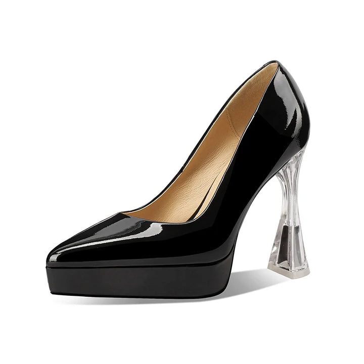 Black patent slip-on platform heel pump with clear block heel and pointed toe