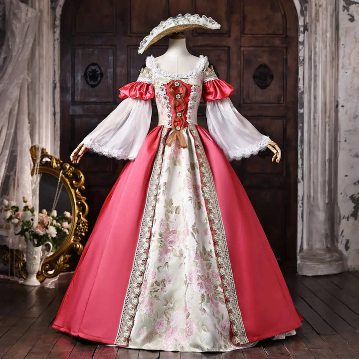 Rose pink vintage stage dance gown with floral skirt panels and ornate embroidered bodice