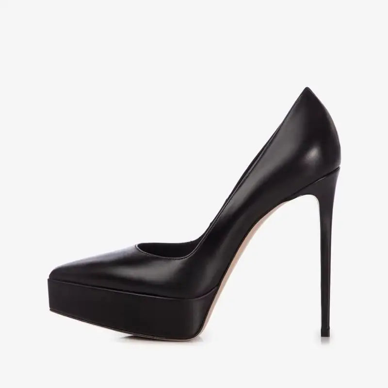Black patent leather pointed-toe pumps with high stiletto heel and platform sole