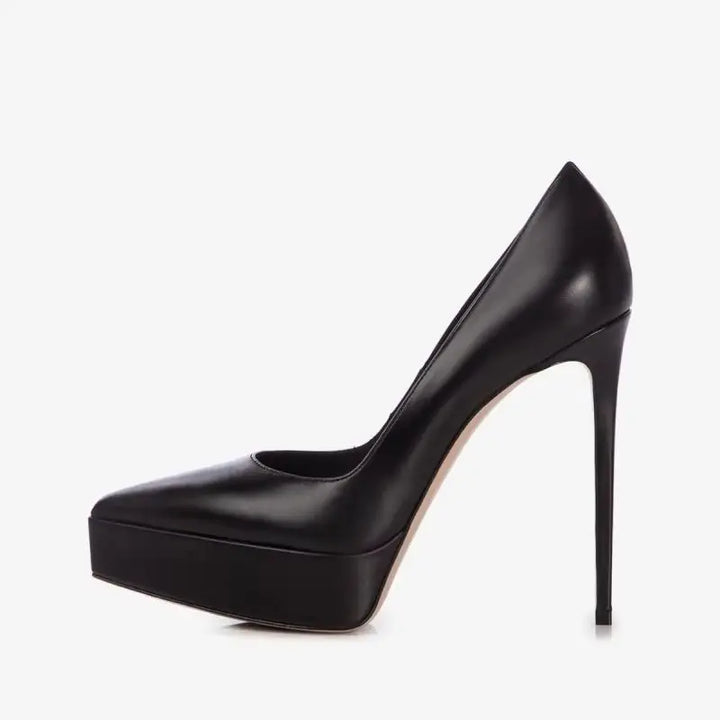 Black patent leather pointed-toe pumps with high stiletto heel and platform sole