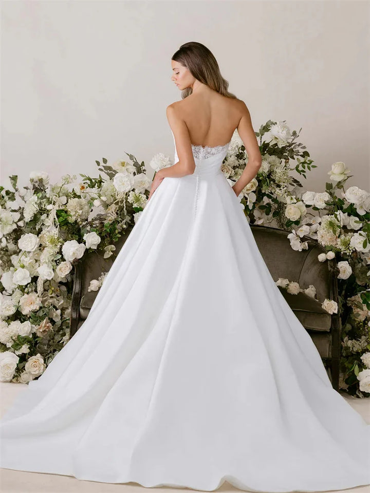 Elegant Satin Boat Neckline Bridal Gown