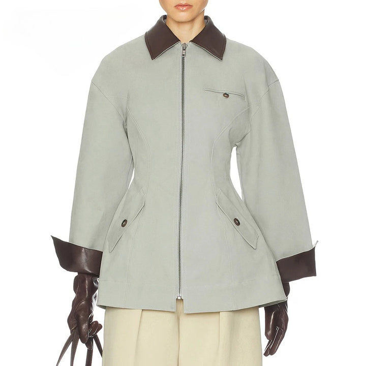 Women’s slim fit zip-up jacket in light green with brown lapel collar and flap pockets