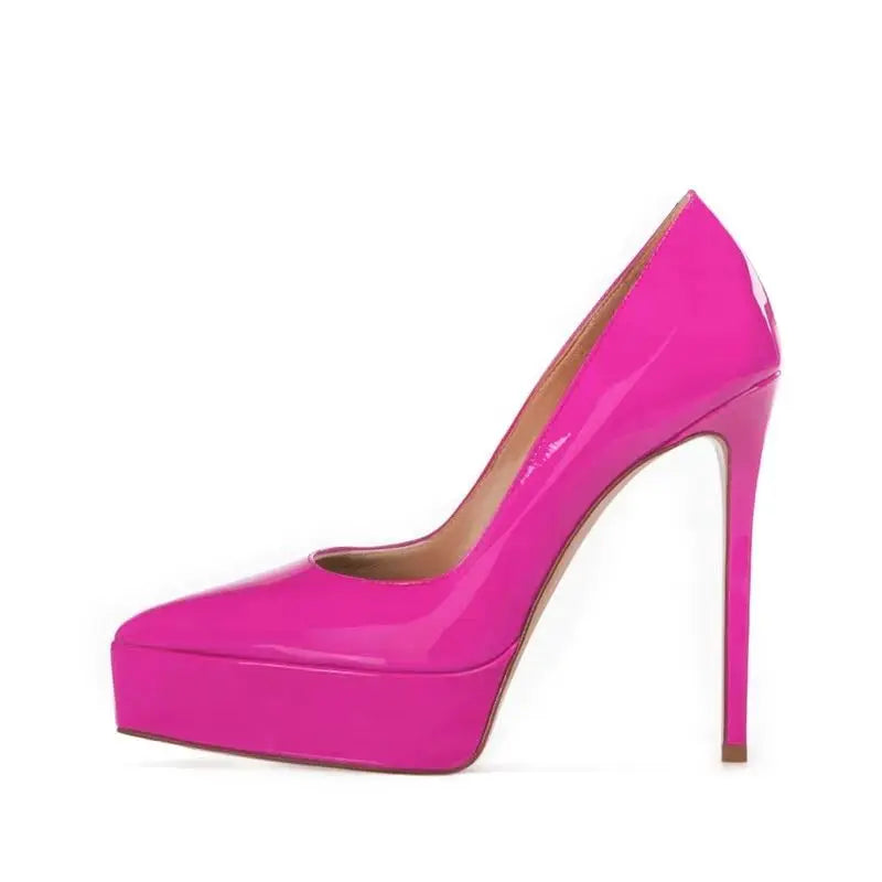 Rose pink patent leather pointed-toe pumps with high stiletto heel