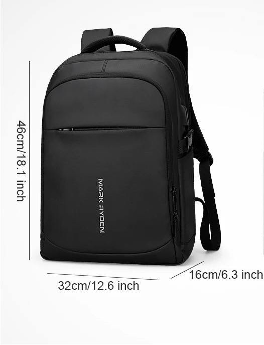 Black multi-layer women’s backpack with front zip pocket and measurement labels