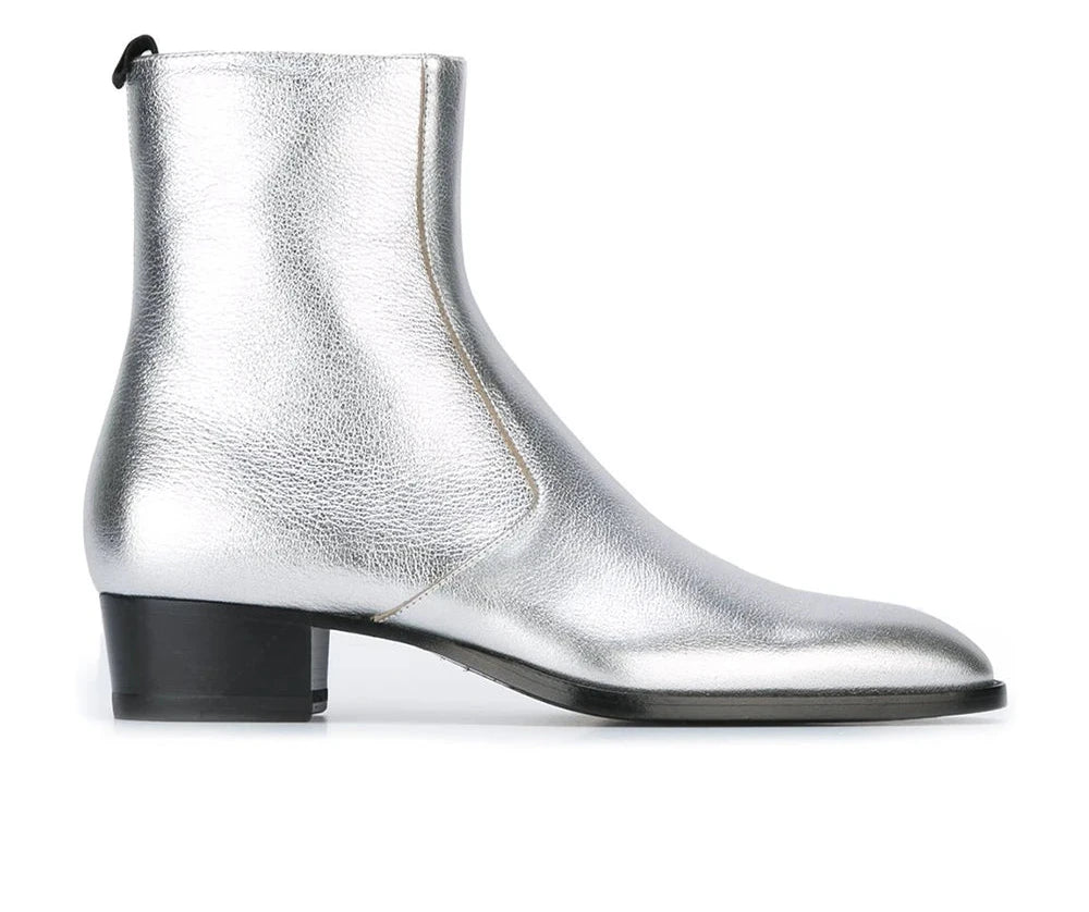 Metallic silver ankle boots with low block heel, side pull-on style