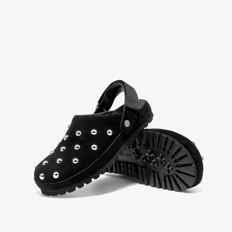 Rivet Decorated Suede Flat Mules