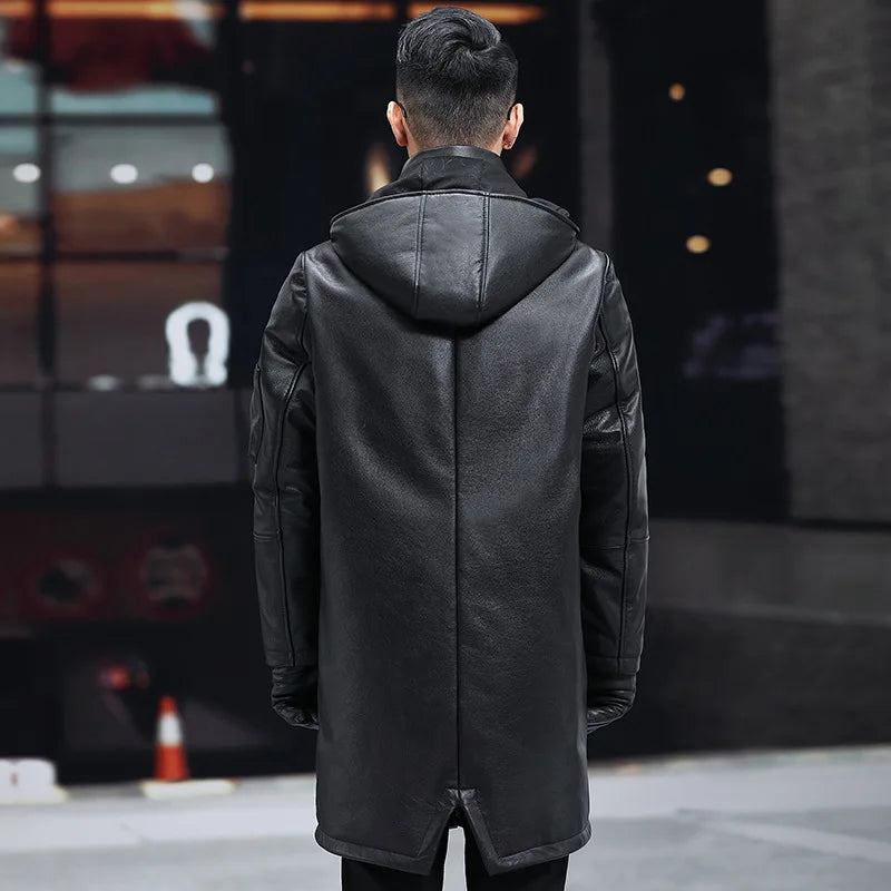 Stylish Mid-Length Leather Hooded Coat