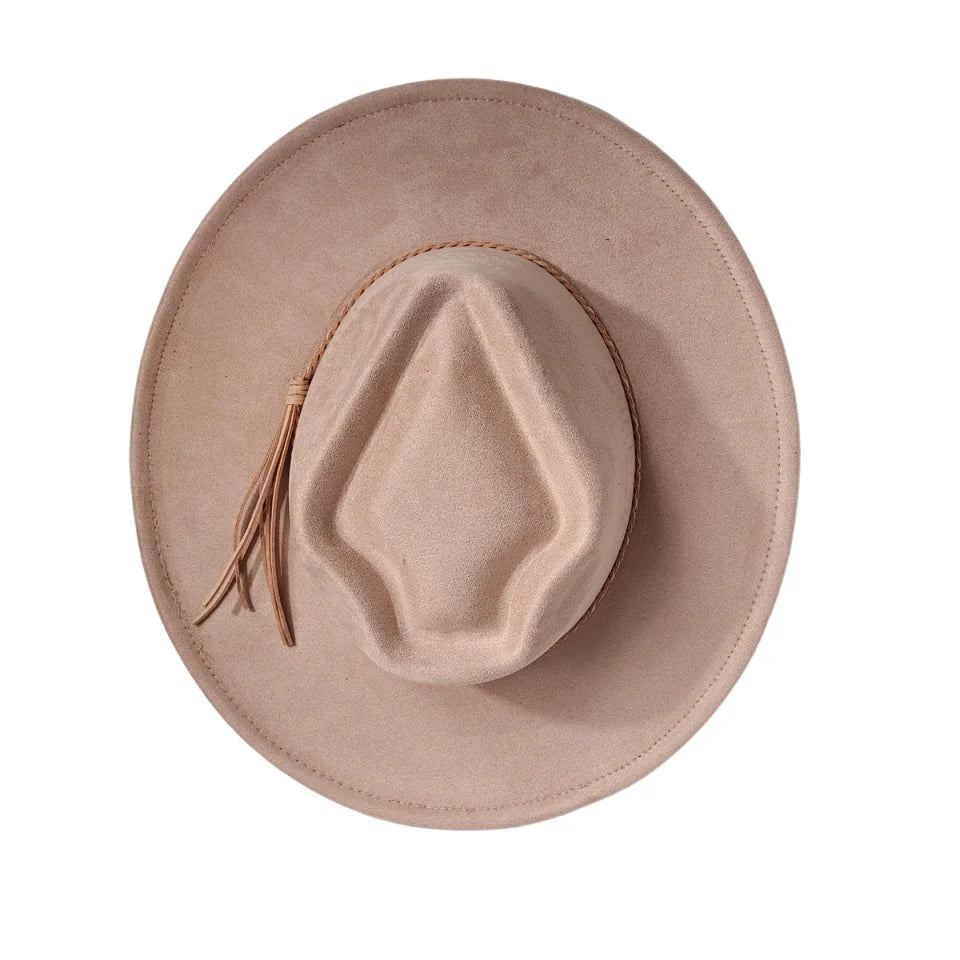 Women’s suede arrow top hat in light taupe, wide brim with small fringe tassel.
