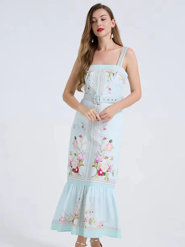 Mint blue floral bodycon long dress, thin straps, fitted bodice, waist belt, tiered skirt