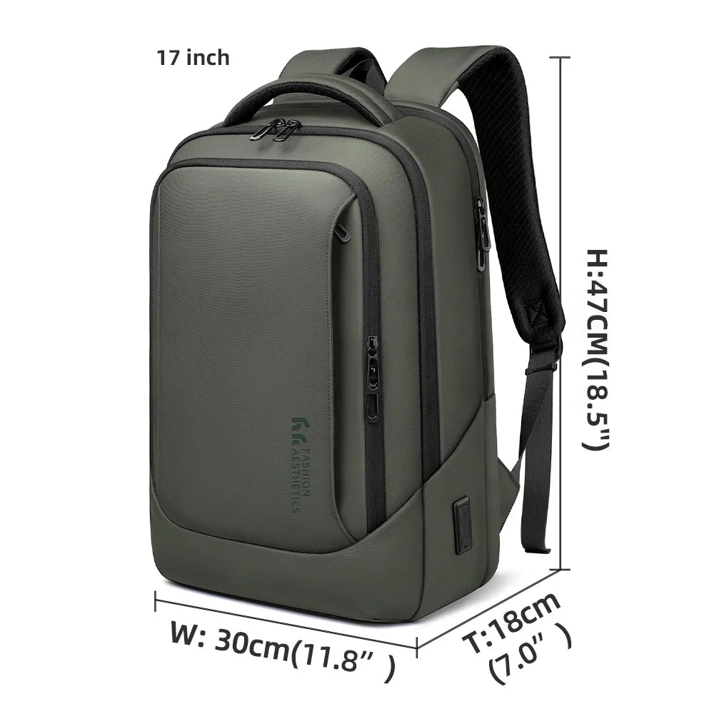 Green 17-inch waterproof business work backpack with padded shoulder straps