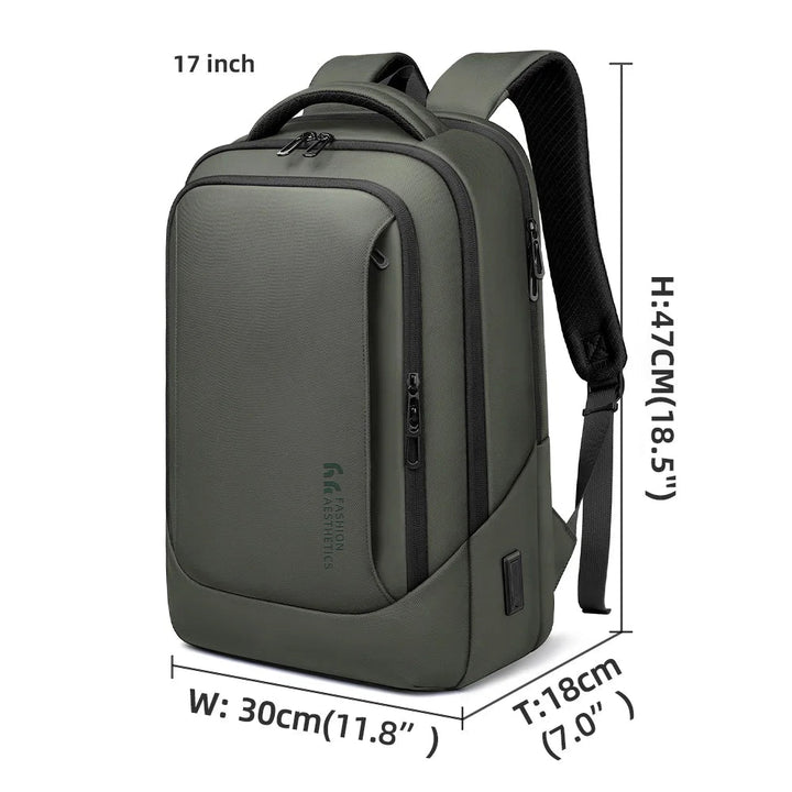 Green 17-inch waterproof business work backpack with padded shoulder straps