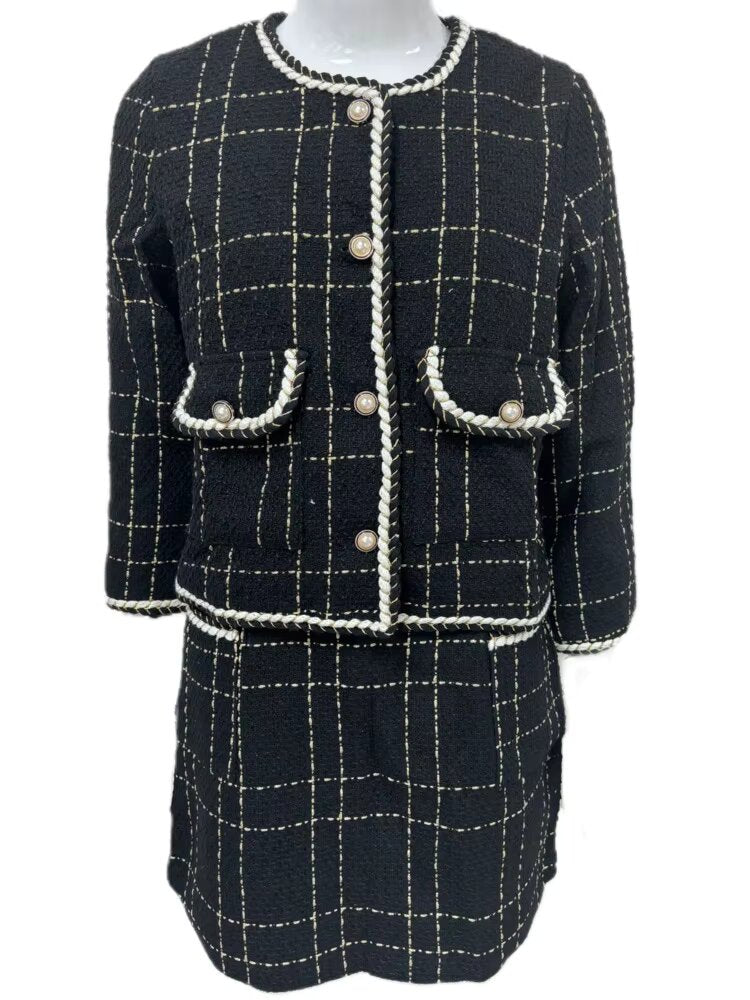 Short Woolen Tweed Jacket And Skirt Suit