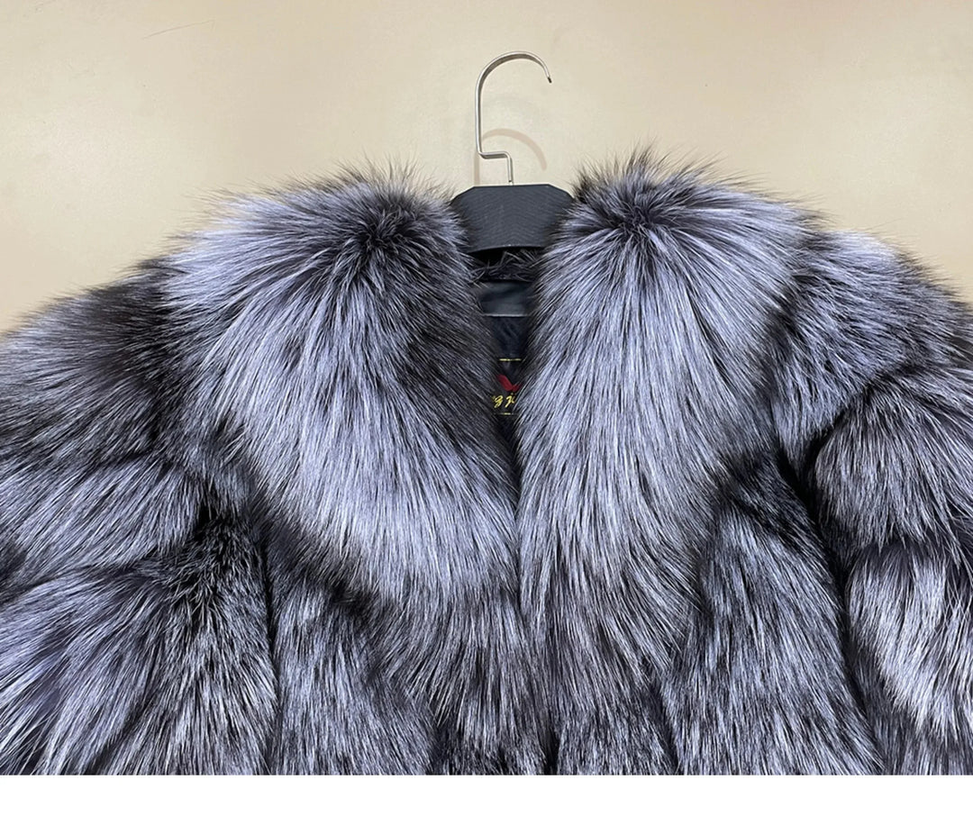 Grey fox fur coat collar and lapels, showing plush long-pile fur