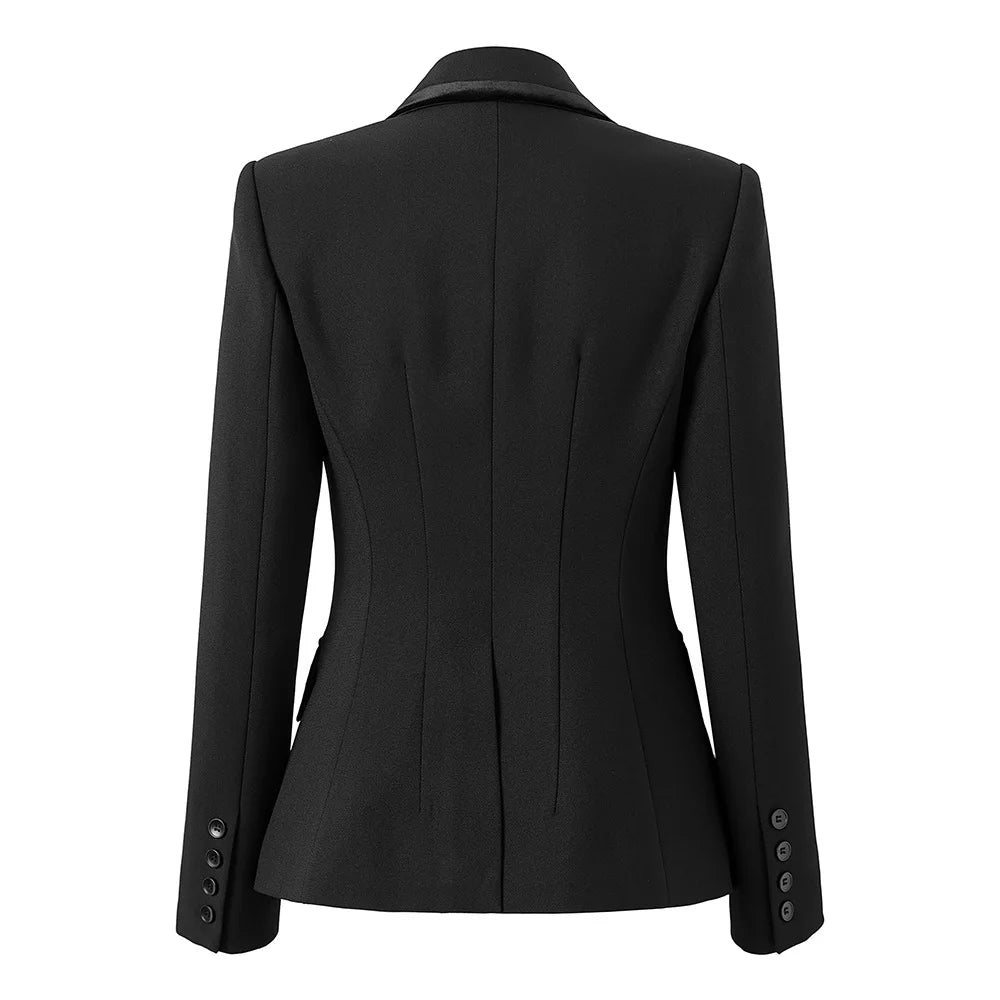 Black slim blazer back view with tailored seam detailing and buttoned cuffs